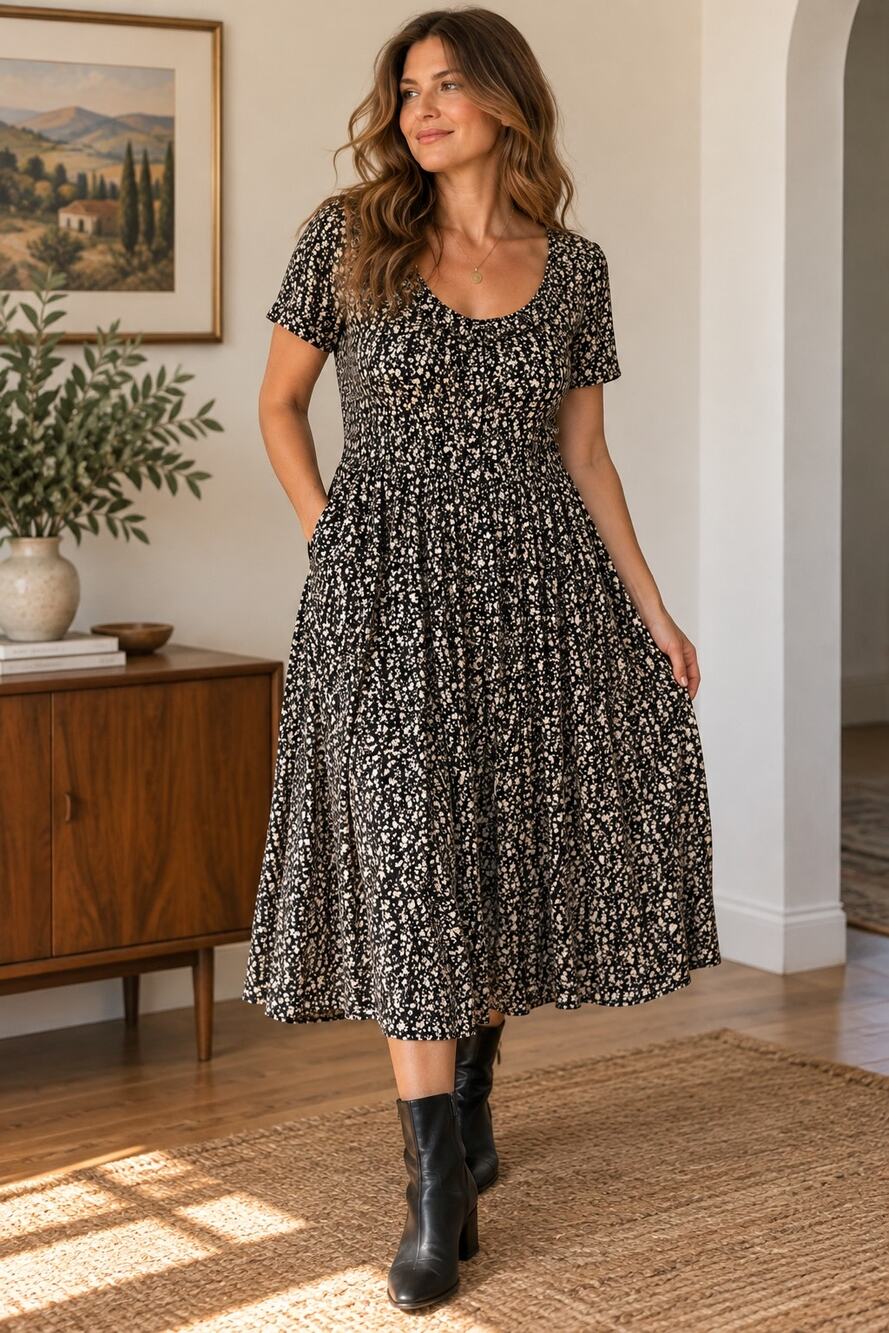 Vintage Carol Anderson Black Floral Rayon Midi Dress Size 14 Made USA ✨